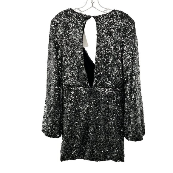 O.P.T Sequin Mini Dress Long Sleeve V-Neck Silver Open Back Size Medium New - Picture 7 of 9